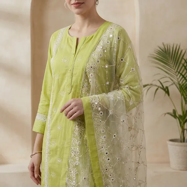 Lime_Green_Women_Embroidered_Cotton_Kurta_Set_With_Dupatta