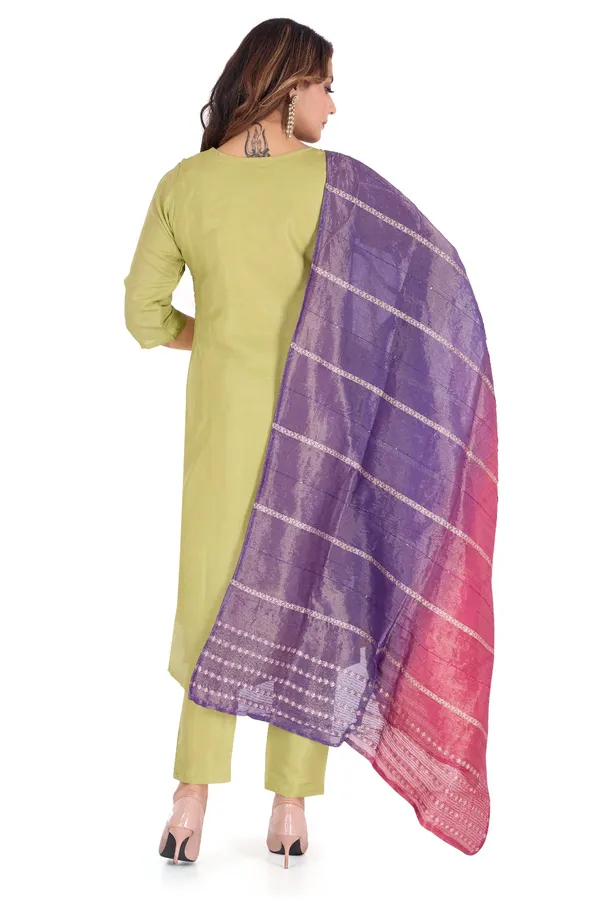Lime_Green_Women_Cotton_Kurta_Set_With_Multicolor_Dupatta
