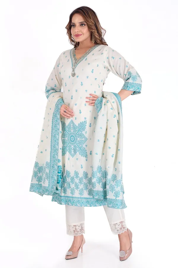 Off_White_And_Turquoise_Printed_Salwar_Suit_Set_With_Dupatta
