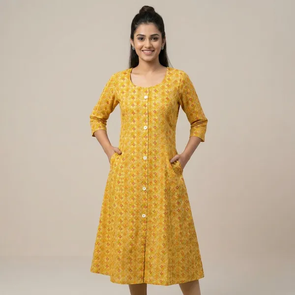Yellow_Stylish_Printed_Button_Down_Dress_With_Pockets