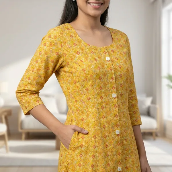 Yellow_Stylish_Printed_Button_Down_Dress_With_Pockets