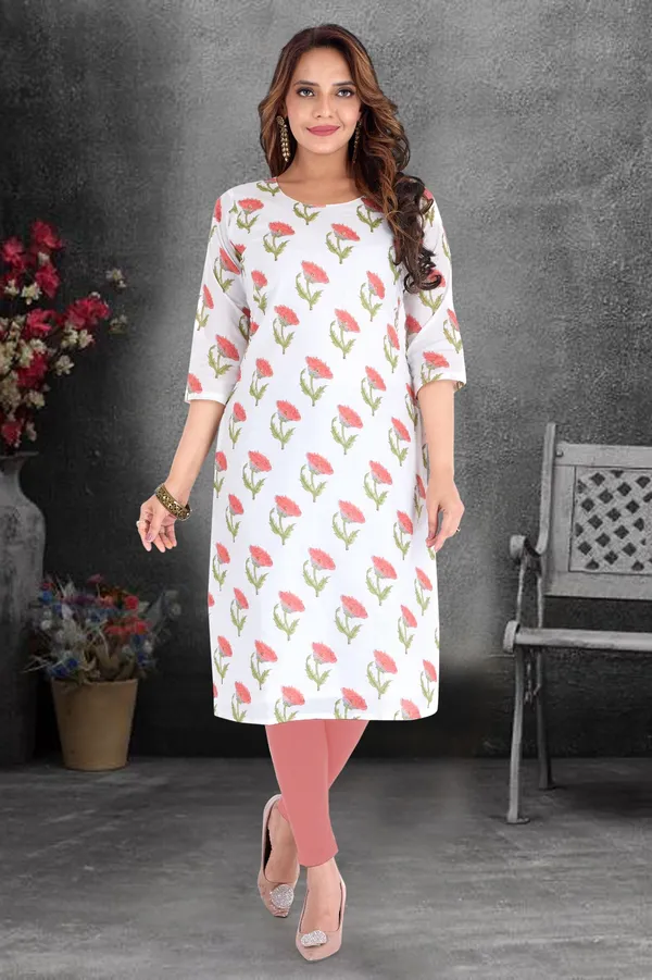 White_Cotton_Kurti_With_Pink_And_Green_Floral_Print