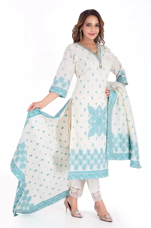 Off_White_And_Turquoise_Printed_Salwar_Suit_Set_With_Dupatta