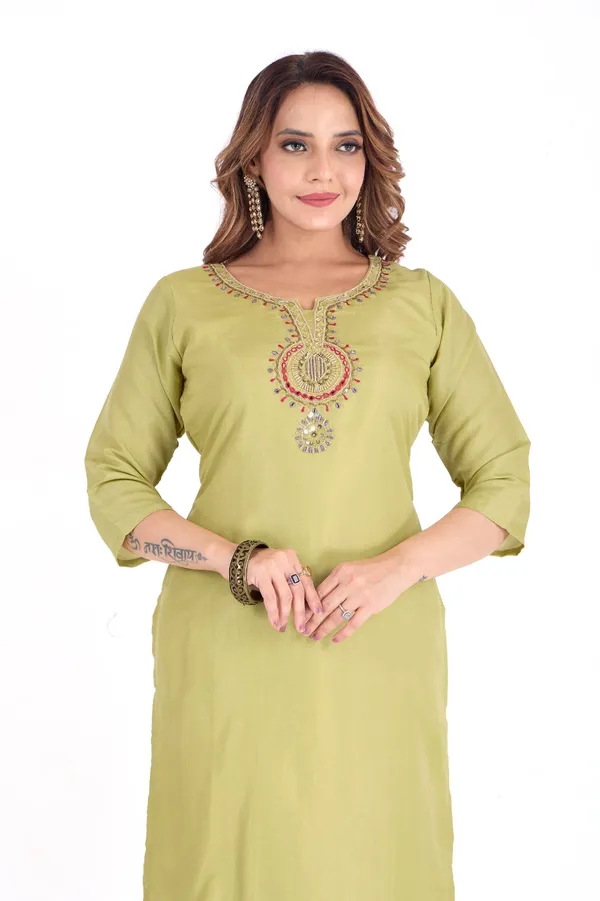 Lime_Green_Women_Cotton_Kurta_Set_With_Multicolor_Dupatta