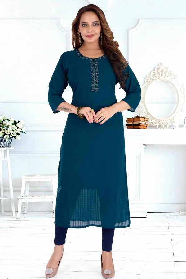Teal_Blue_Embroidered_Kurta_For_Women