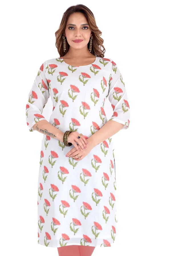 White_Cotton_Kurti_With_Pink_And_Green_Floral_Print