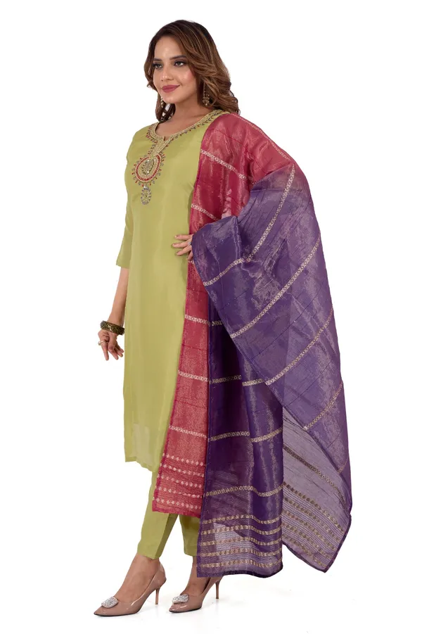 Lime_Green_Women_Cotton_Kurta_Set_With_Multicolor_Dupatta