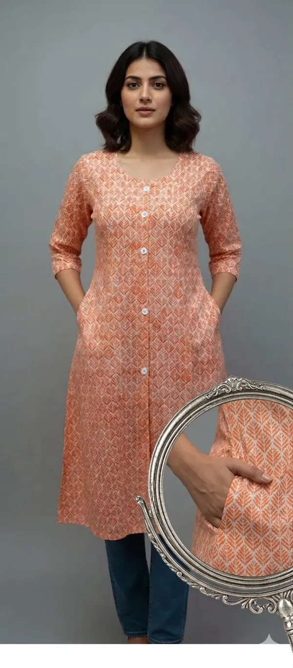 Peach_Women_Printed_A-Line_Kurta_With_Button_Front_And_Pockets