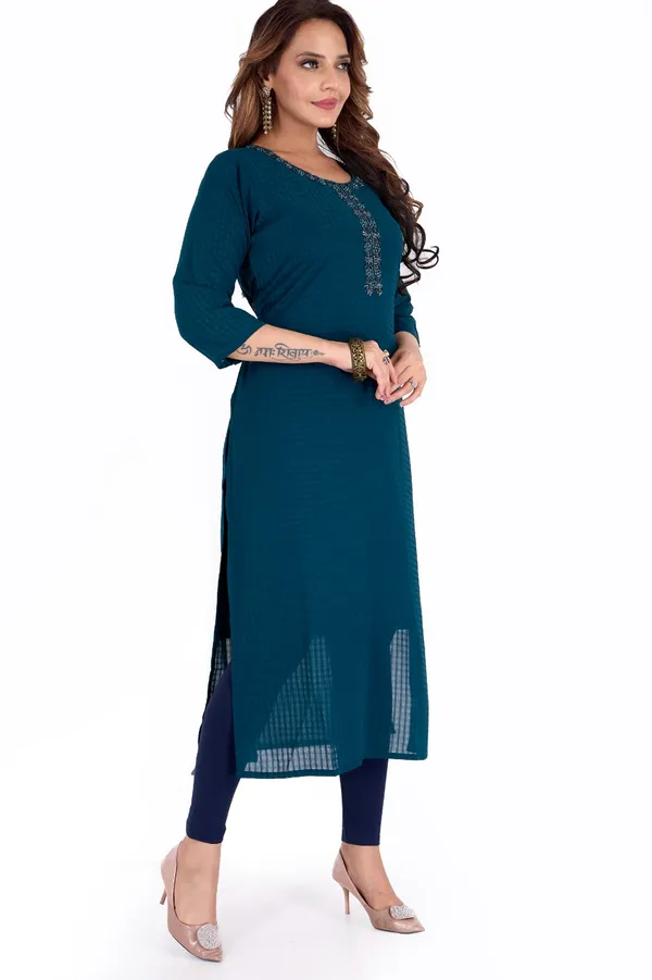 Teal_Blue_Embroidered_Kurta_For_Women