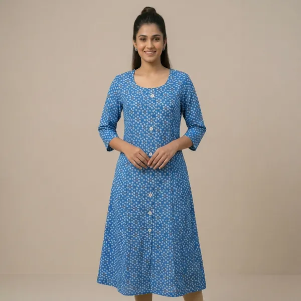 Blue_Women_Floral_Print_Button_Down_Dress_With_Pockets
