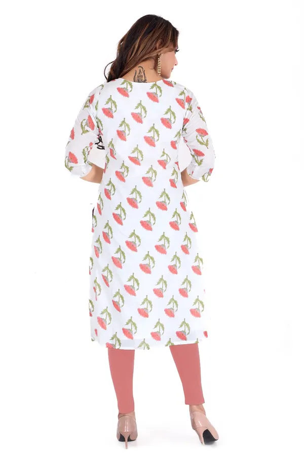 White_Cotton_Kurti_With_Pink_And_Green_Floral_Print