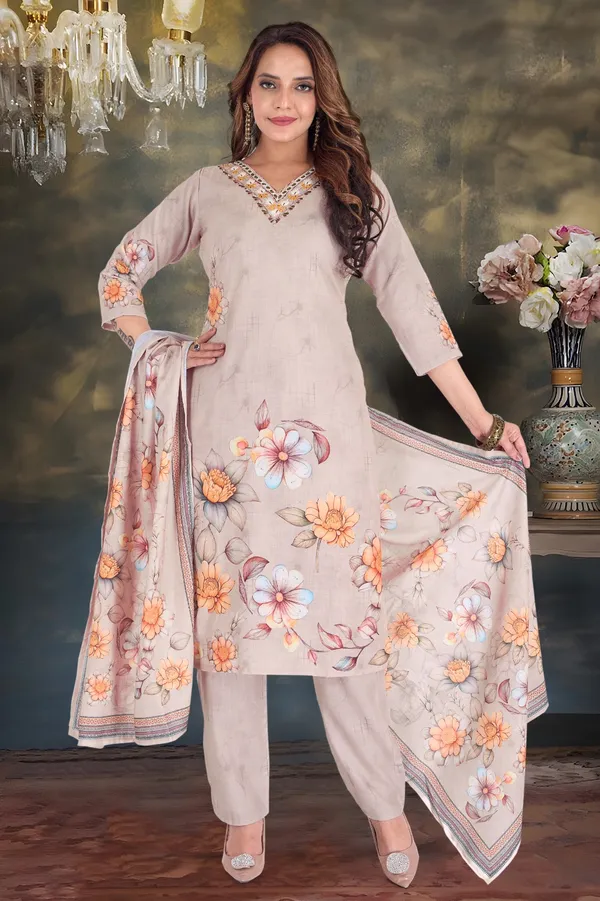 Beige_Floral_Printed_Cotton_Suit_Set_With_Embellished_Neckline
