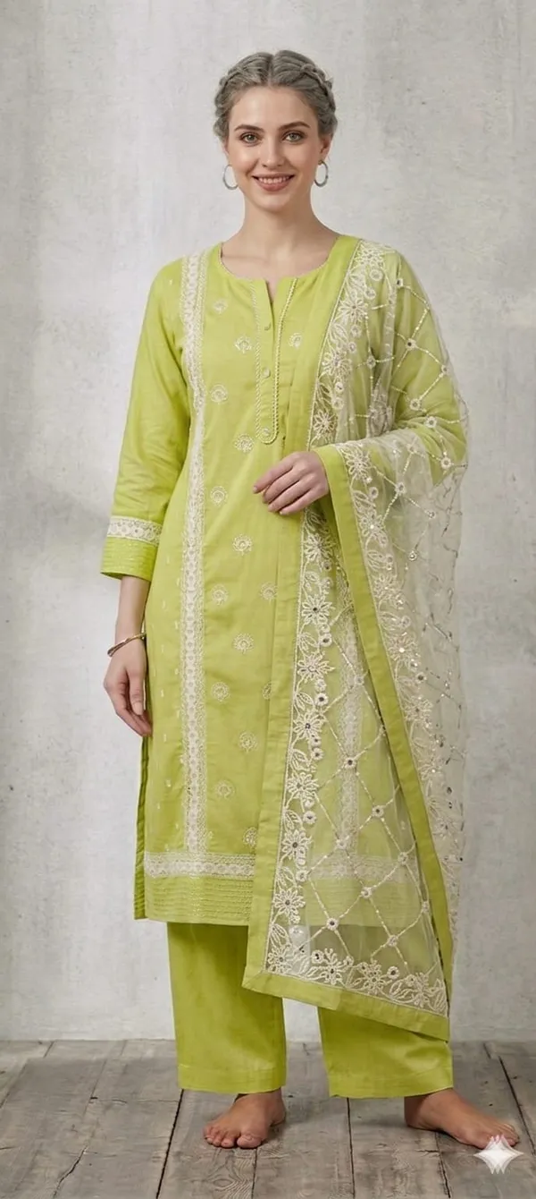 Lime_Green_Women_Embroidered_Cotton_Kurta_Set_With_Dupatta