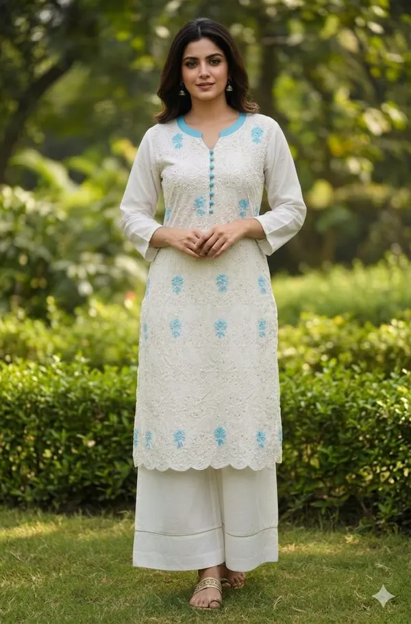 White_Elegant_Embroidered_Kurta_With_Blue_Floral_Accents_And_Palazzo_Set