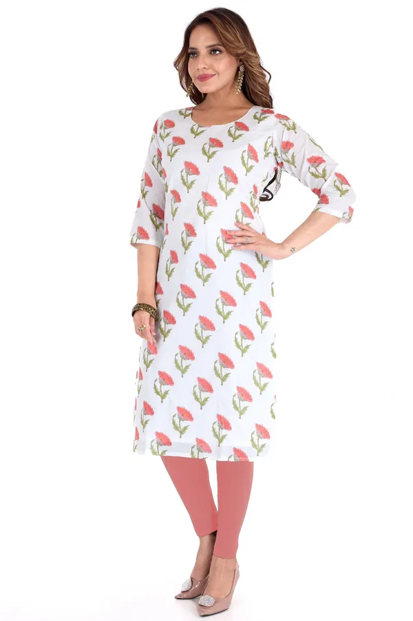 White_Cotton_Kurti_With_Pink_And_Green_Floral_Print