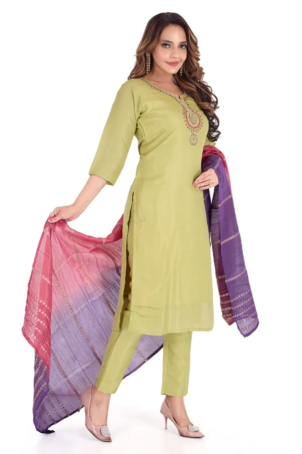 Lime_Green_Women_Cotton_Kurta_Set_With_Multicolor_Dupatta