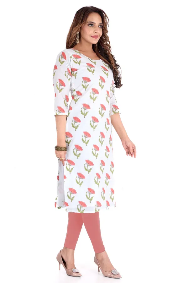 White_Cotton_Kurti_With_Pink_And_Green_Floral_Print