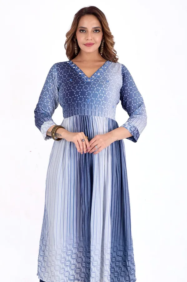 Blue_Gradient_Polka_Dot_Pleated_Anarkali_Kurta_With_Empire_Waist
