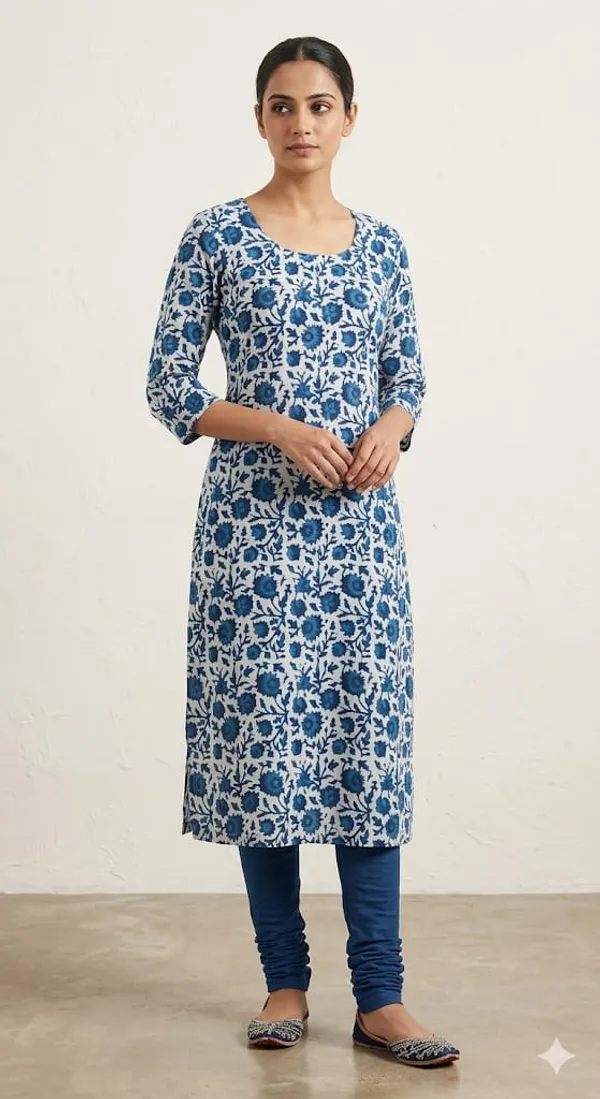 Blue_Floral_Printed_Kurta_With_Three-Quarter_Sleeves