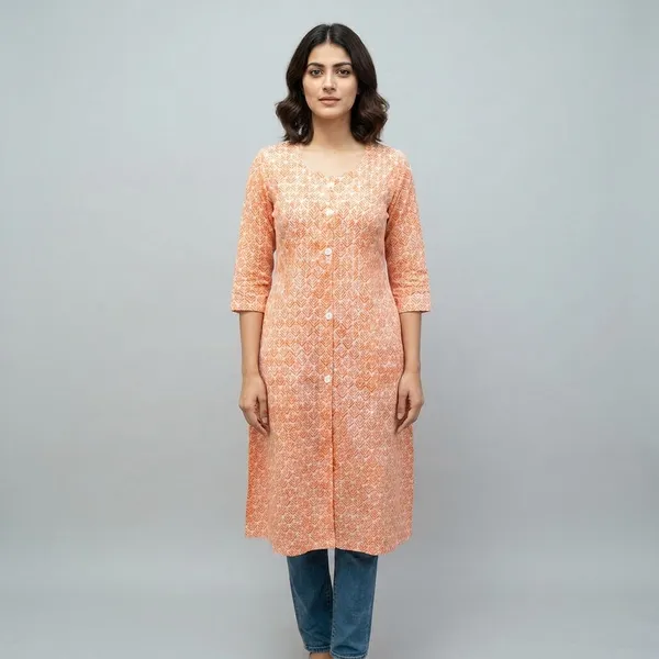 Peach_Women_Printed_A-Line_Kurta_With_Button_Front_And_Pockets