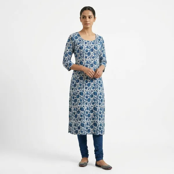 Blue_Floral_Printed_Kurta_With_Three-Quarter_Sleeves