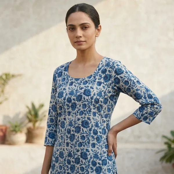 Blue_Floral_Printed_Kurta_With_Three-Quarter_Sleeves