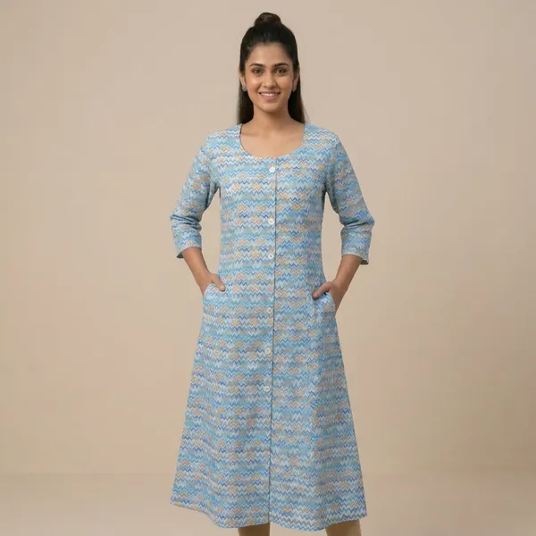 Blue_Women_Chevron_Print_Casual_Dress_With_Pockets