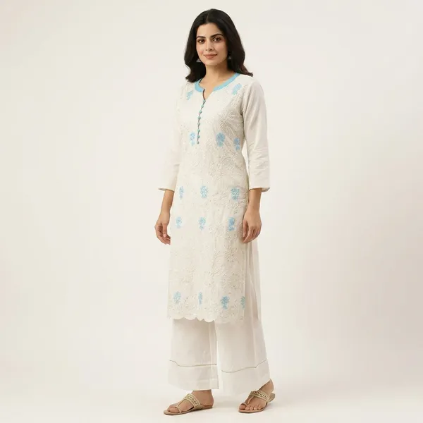 White_Elegant_Embroidered_Kurta_With_Blue_Floral_Accents_And_Palazzo_Set