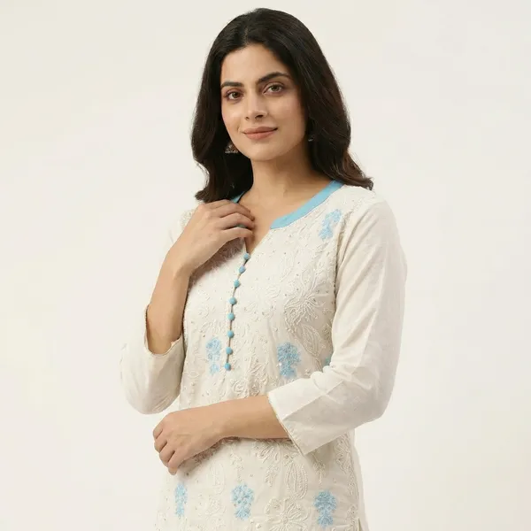 White_Elegant_Embroidered_Kurta_With_Blue_Floral_Accents_And_Palazzo_Set