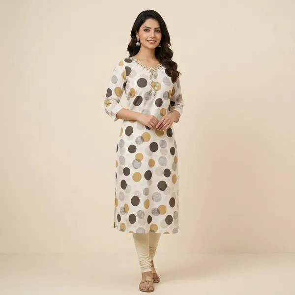 Women'S_White_Polka_Dot_Printed_Straight_Kurta_With_Embellished_Neckline