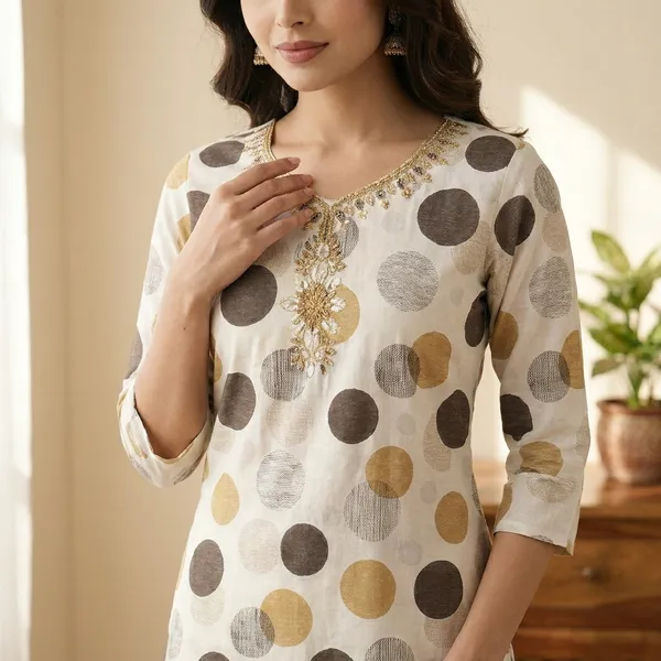 Women'S_White_Polka_Dot_Printed_Straight_Kurta_With_Embellished_Neckline