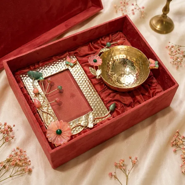 Premium_Gift_Box_With_Artisanal_Photo_Frame_And_Polished_Brass_Bowl_Pack_Red_Velvet_Pack_Of_2