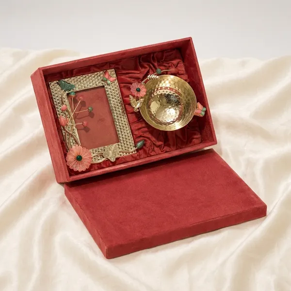 Premium_Gift_Box_With_Artisanal_Photo_Frame_And_Polished_Brass_Bowl_Pack_Red_Velvet_Pack_Of_2