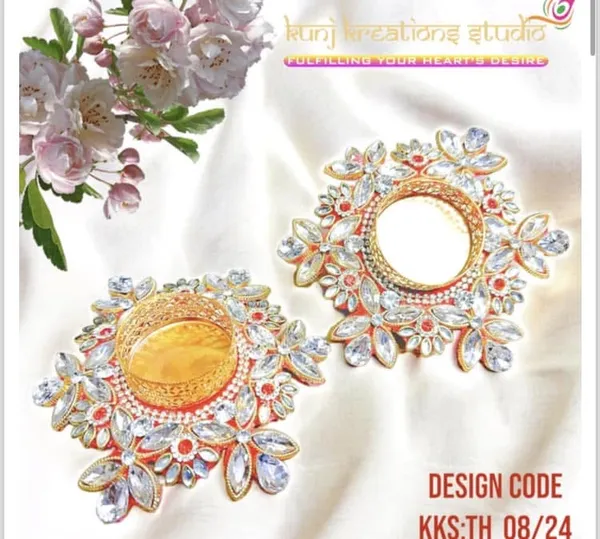 Kunj_Kreations_Studio_Designer_Artisanal_Diya_Pack_Lustrous_Gold_Floral_Design_With_Crystal_And_Red_Stone_Embellishments_Pack_Of_2