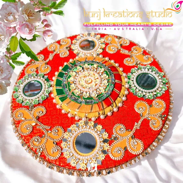Artisanal_Divine_Pooja_Thali_Red_And_Gold_With_Kundan_Work_And_Mirror_Accents_Pack_Of_5