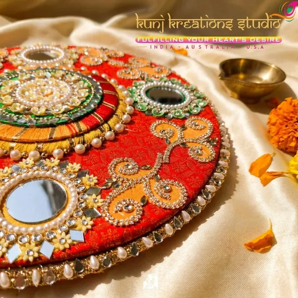 Artisanal_Divine_Pooja_Thali_Red_And_Gold_With_Kundan_Work_And_Mirror_Accents_Pack_Of_5