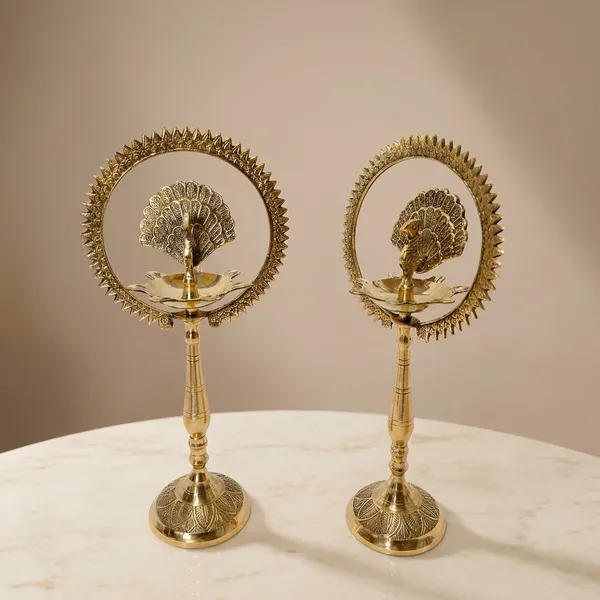 Polished_Brass_Regal_Peacock_Diya_Stand_With_Oil_Lamp_Medium_And_Large_Pack_Of_2