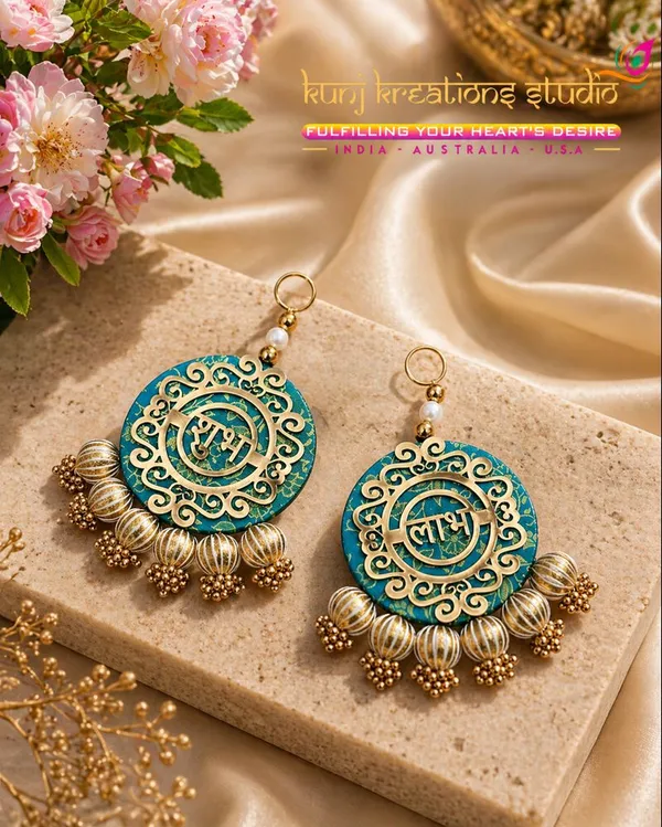 Turquoise_And_Gold_Prosperity_Shubh_Labh_Meenakari_Dangler_Pooja_Decor_Pack_Of_2