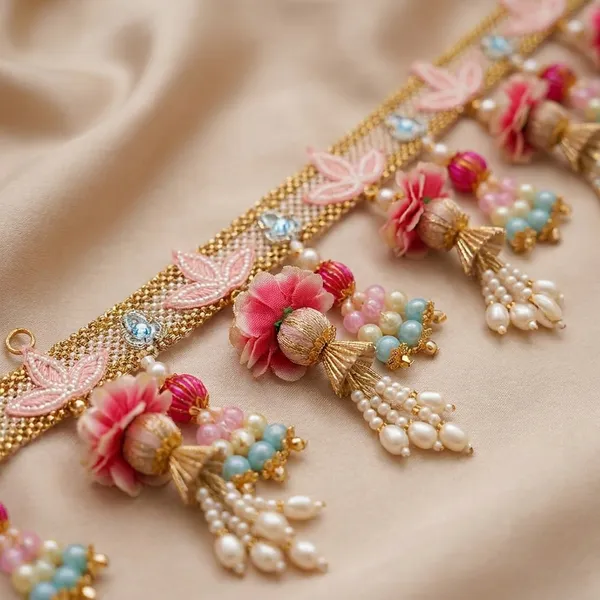 Multicolor_Pom_Pom_Tassel_Lace_With_Jhumka_Bells_Lustrous_Gold_Mesh_Artisanal_Trim