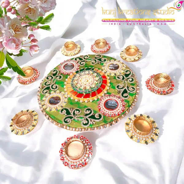 Artisanal_Divine_Pooja_Thali_Pack_With_Diyas_Emerald_Green_And_Red_Heritage_Design
