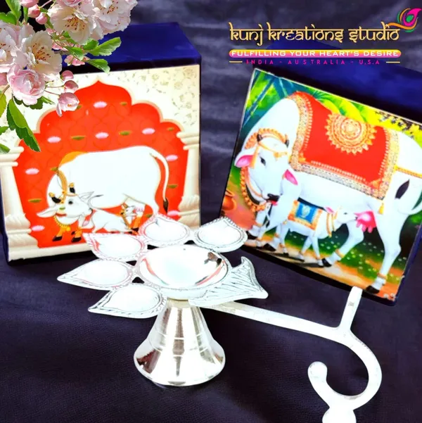 Vintage_Silver_Finish_Plated_Kamdhenu_Cow_And_Calf_Idol_Pack_With_Religious_Artwork_Divine_Pooja_Decor