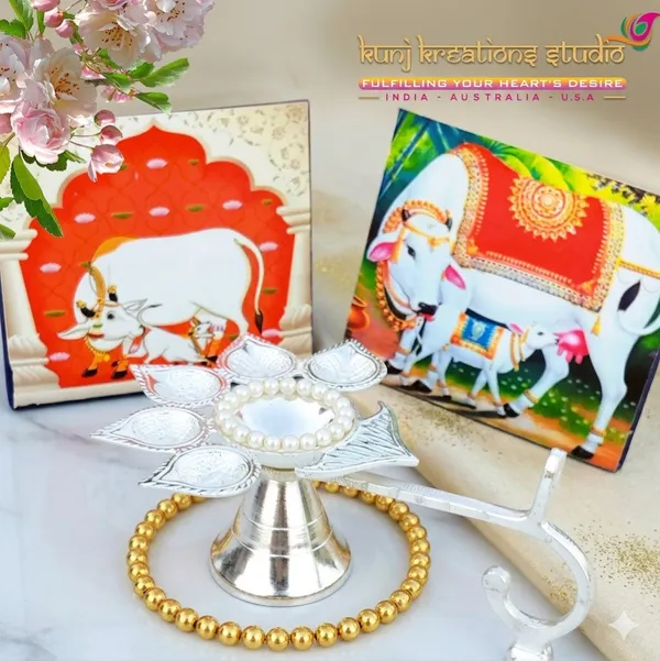 Vintage_Silver_Finish_Plated_Kamdhenu_Cow_And_Calf_Idol_Pack_With_Religious_Artwork_Divine_Pooja_Decor