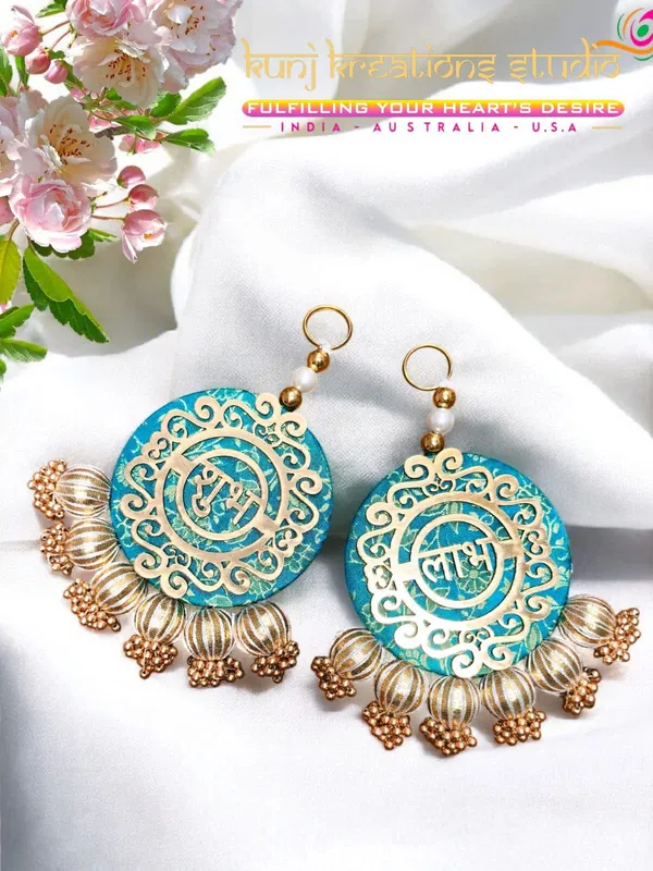 Turquoise_And_Gold_Prosperity_Shubh_Labh_Meenakari_Dangler_Pooja_Decor_Pack_Of_2