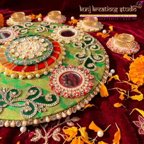 Artisanal_Divine_Pooja_Thali_Pack_With_Diyas_Emerald_Green_And_Red_Heritage_Design