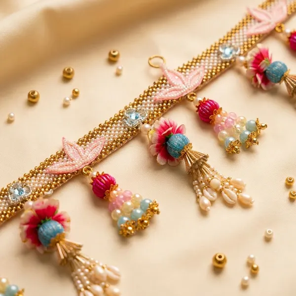 Multicolor_Pom_Pom_Tassel_Artisanal_Lace_Trim_With_Lustrous_Gold_Beaded_Border