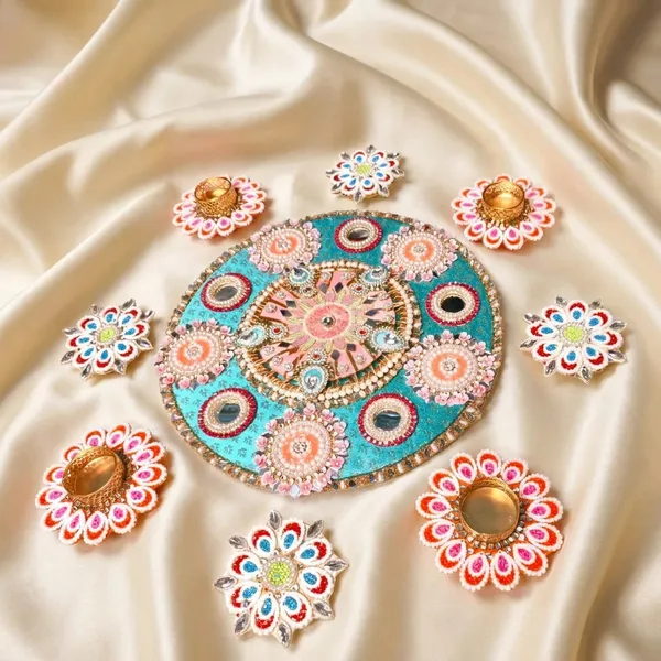 Hand_Etched_Kundan_Rangoli_Pack_With_Artisanal_Diyas_Turquoise_And_Gold