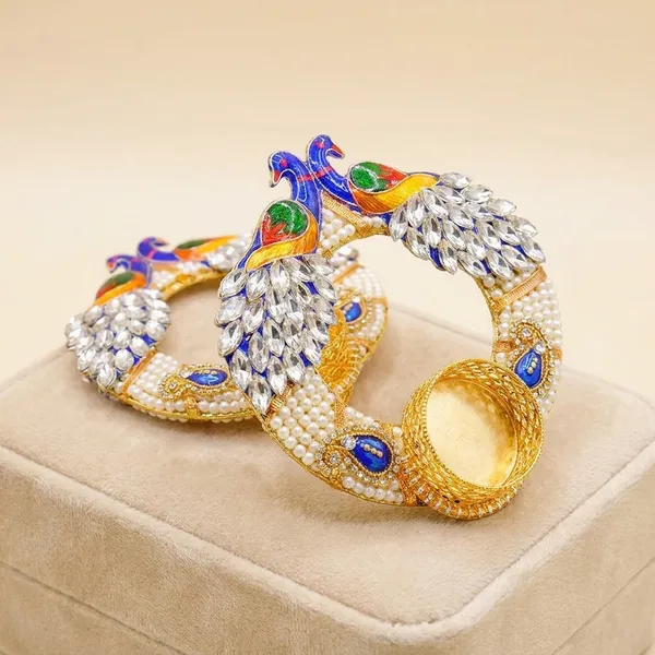 Gold_Toned_Regal_Peacock_Design_Bangles_With_Blue_And_Pearl_White_Enamel_Work_Pack_Of_2