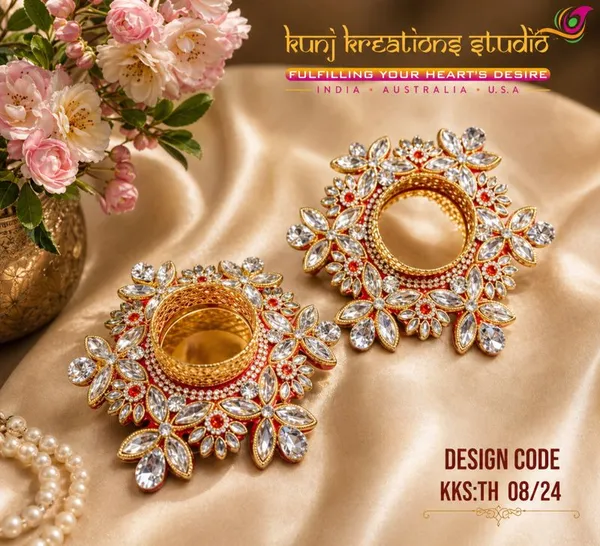 Kunj_Kreations_Studio_Designer_Artisanal_Diya_Pack_Lustrous_Gold_Floral_Design_With_Crystal_And_Red_Stone_Embellishments_Pack_Of_2