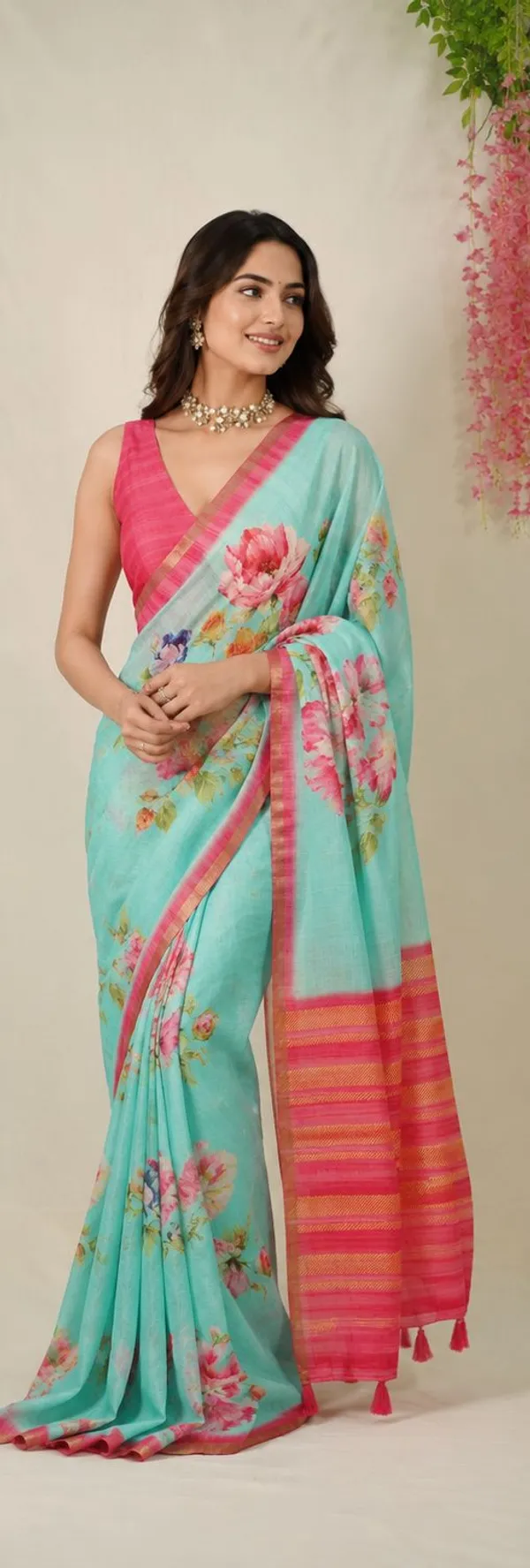 Aqua_Green_Pragathi_Linen_Cotton_Saree_with_Floral_Prints_for_Office_and_Casual_Wear