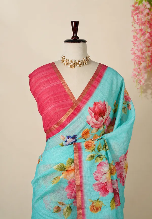 Aqua_Green_Pragathi_Linen_Cotton_Saree_with_Floral_Prints_for_Office_and_Casual_Wear